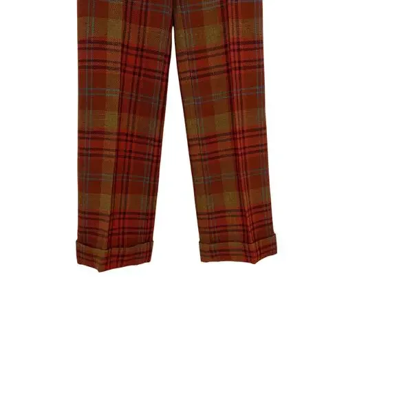 Valentino Plaid Wool Pants Red Brown Straight Leg Cuffed Trouser Womens 4 - Picture 4 of 15